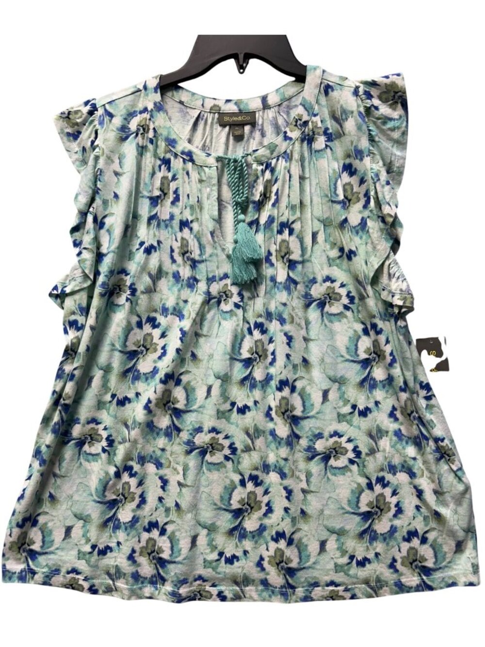 Style & Co Womens Flutter Pintuck Top XL Garde Party Print Blue & Green Floral